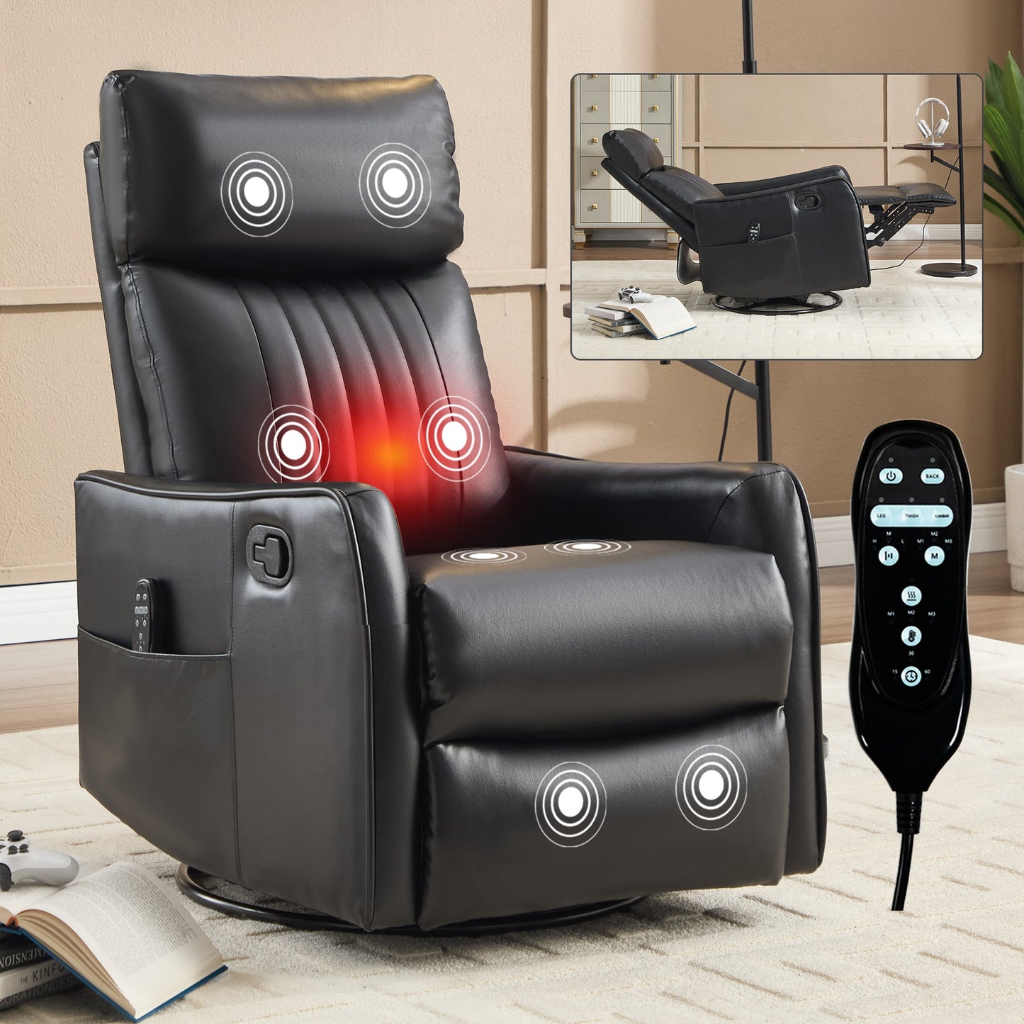 Recliner Chair Swivel Rocker Faux Leather Black Heat Massage