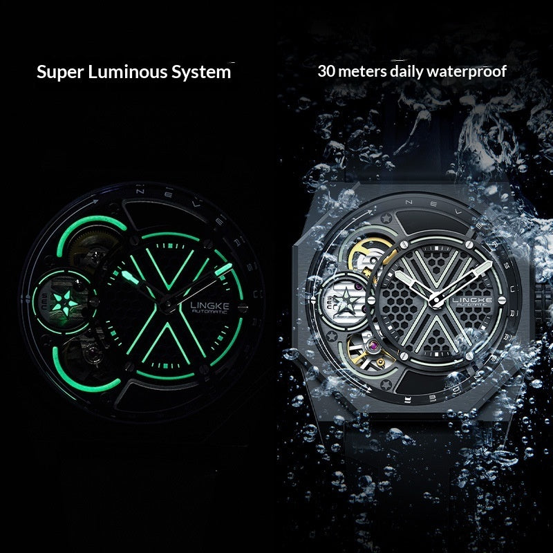 Mens Watch Tonneau-shaped Skeleton Dual-movement Quartz Wristwatch