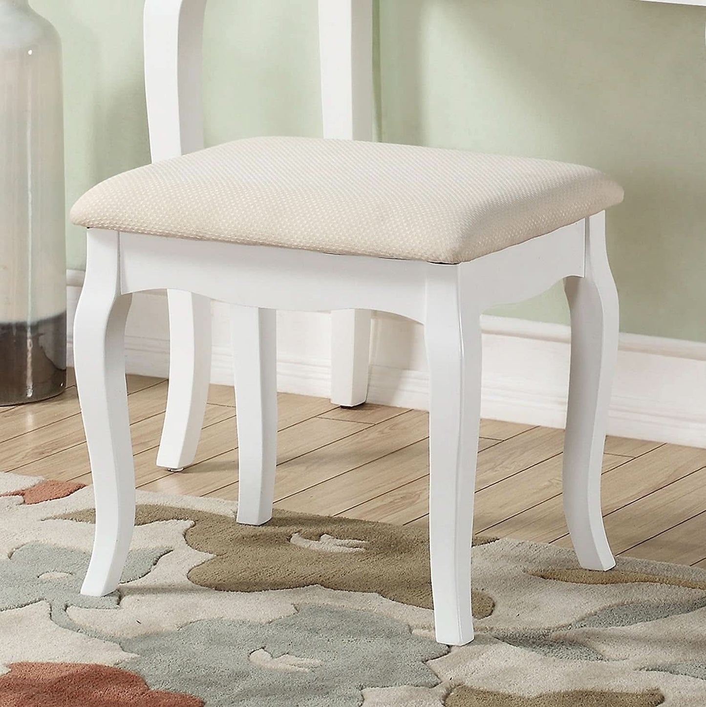 White Wood Makeup Vanity Set With Beige Upholstered Stool