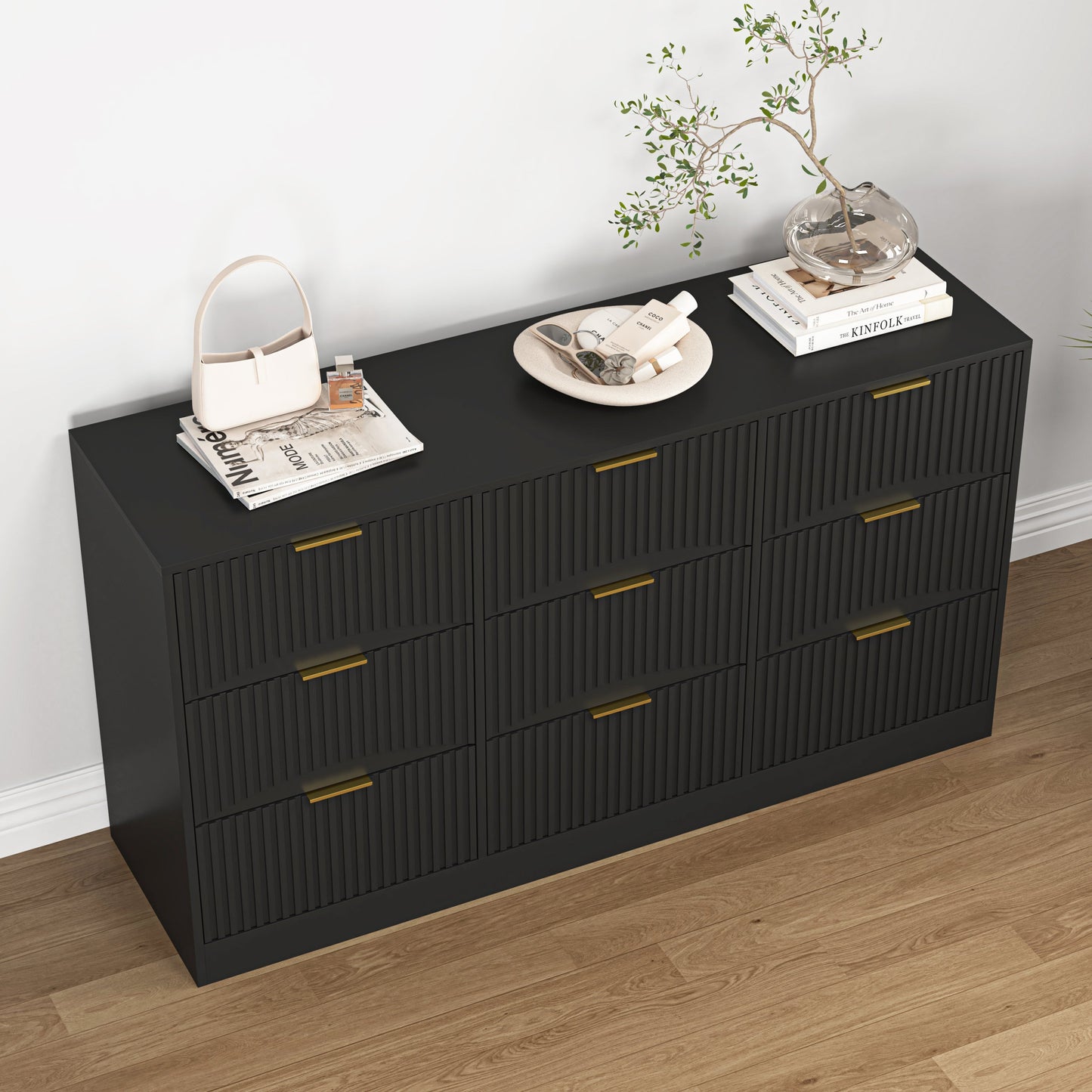 Dresser Classic 9-Drawer Black Particle Board Gold Handles 63x15.74 In