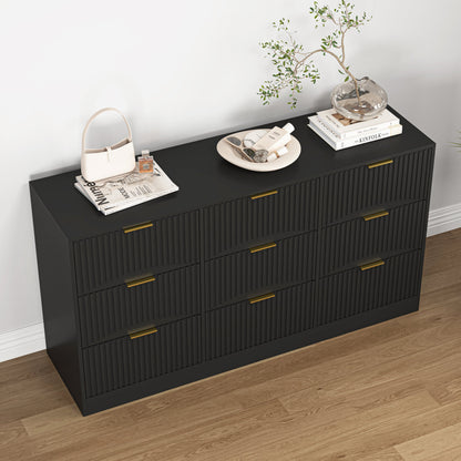 Dresser Classic 9-Drawer Black Particle Board Gold Handles 63x15.74 In