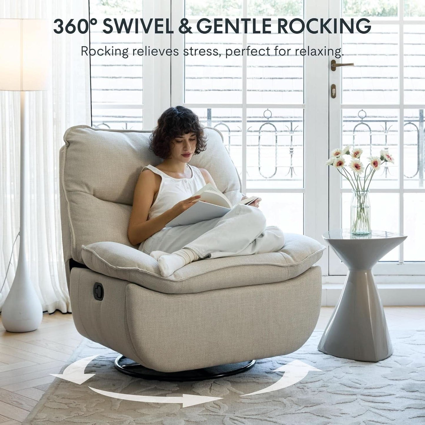 White Three Sixty Degree Swivel Rocker Recliner Chair