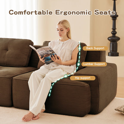 Sectional loveseat L-Shape Corduroy Brown 2 Seat Modular with Ottoman 82 In