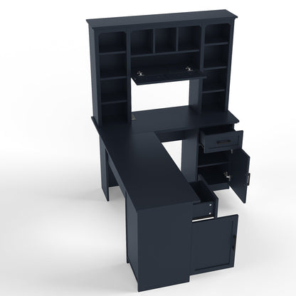 L-Shaped Computer Desk with 2 Cabinets and 2 Drawers, 11 Open Shelves and 1 R...