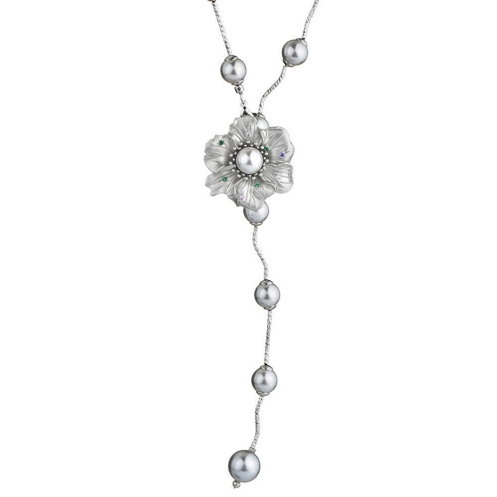 Dainty Flower Zircon Pearl Sweater Chain For Women, Pull Adjustable Wavy Silver Long Necklace, Elegant Minimal Fashion Jewelry