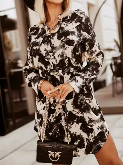 Printed Button Front Long Sleeve Dress