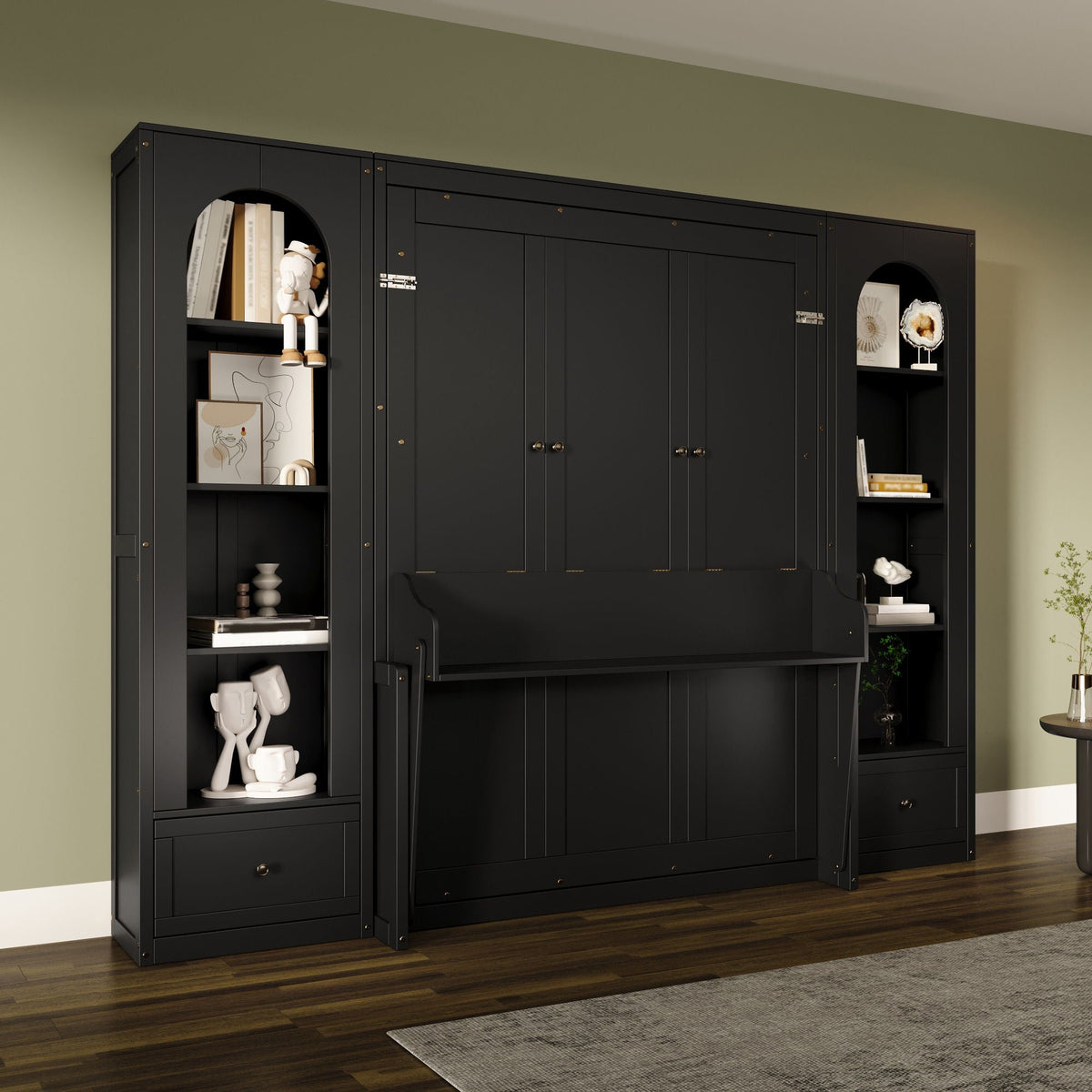 French Style Murphy Platform Bed With Shelf, Side Cabinets, Drawers And LED