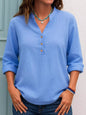 Full Size Button Detail Notched Long Sleeve Blouse Plus Size