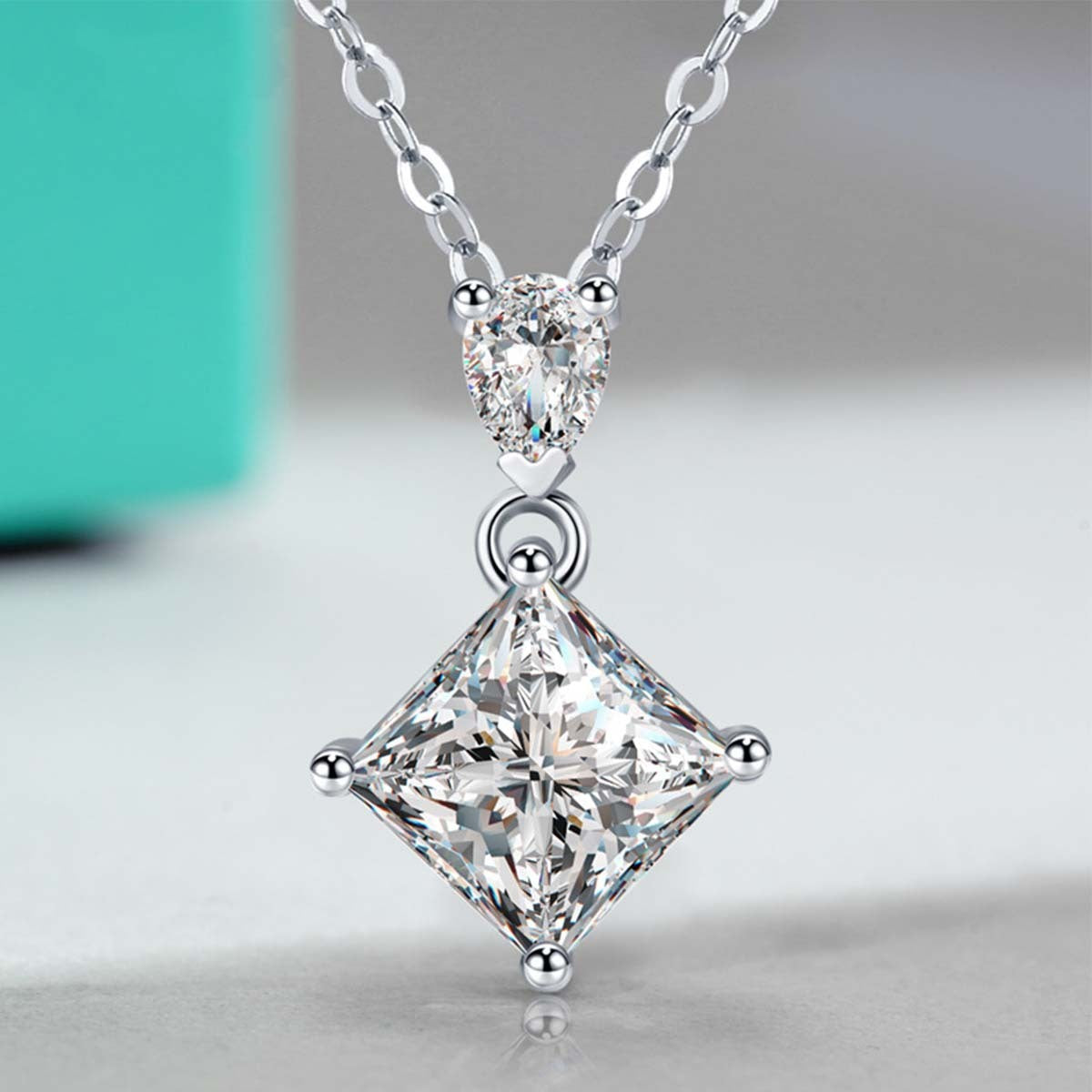 S925 Sterling Silver Princess & Pear Cut Two-Stone Necklace, 1ct D-VVS1 Moissanite Pendant, Platinum Plated 40&45cm Chain, GRA Certified Women's Jewelry Gift Box