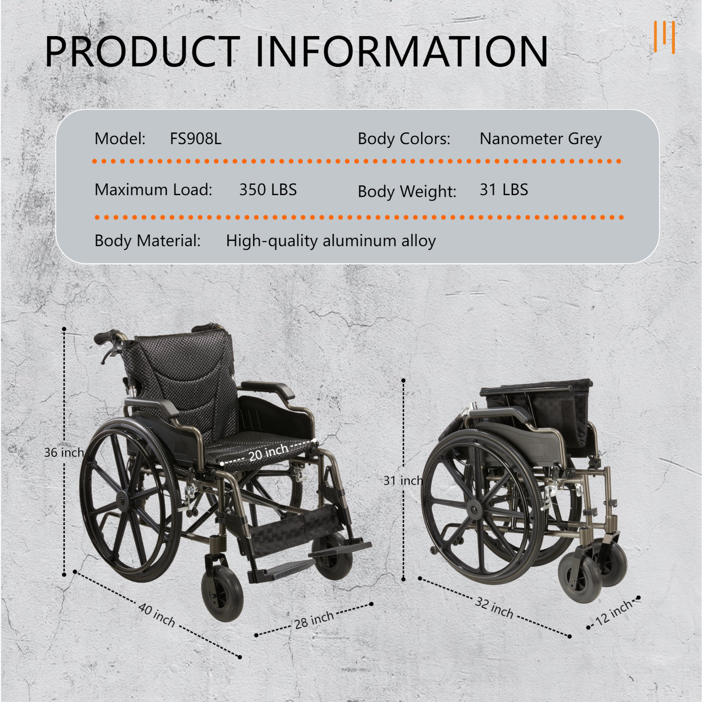 Wheelchair Manual Transport Folding Aluminum 20 In Seat 275 LB Black Gray