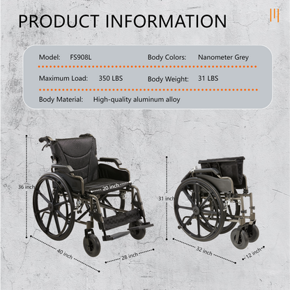 Wheelchair Manual Transport Folding Aluminum 20 In Seat 275 LB Black Gray