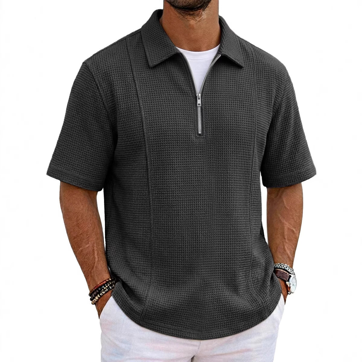 Sports-style Boat-neck Half-zip Polo Shirt