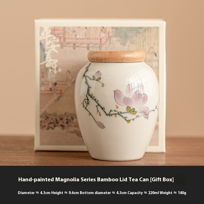Chinese Hand-painted Ceramic Food Storage Jar Sealed Storage Portable Moisture-proof Bamboo Cover