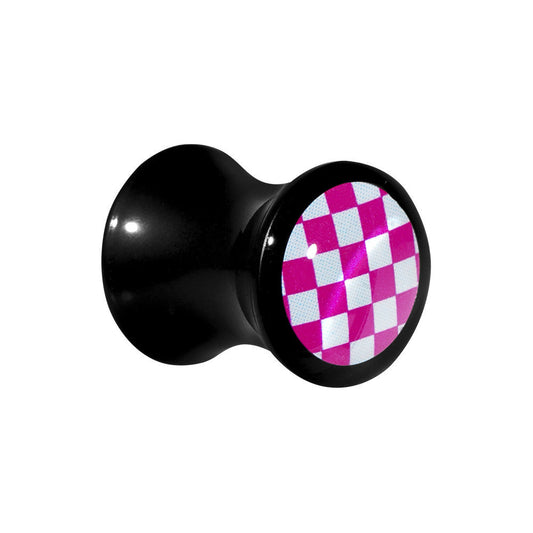 0G Black Acrylic Pink and White Checkerboard Saddle Plug