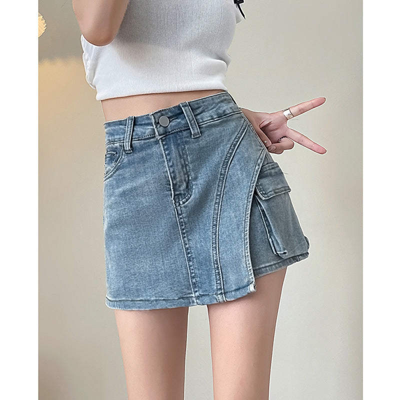 Retro Distressed Figure-flattering Asymmetrical A-line Mini Skirt