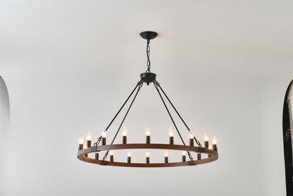 Chandelier Wood Wagon Wheel 20-Light Farmhouse Matte Black 39.3 In