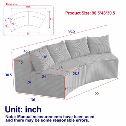 Sectional Sofa Modular Curved Corduroy Beige 2 Seat 4 Pillows