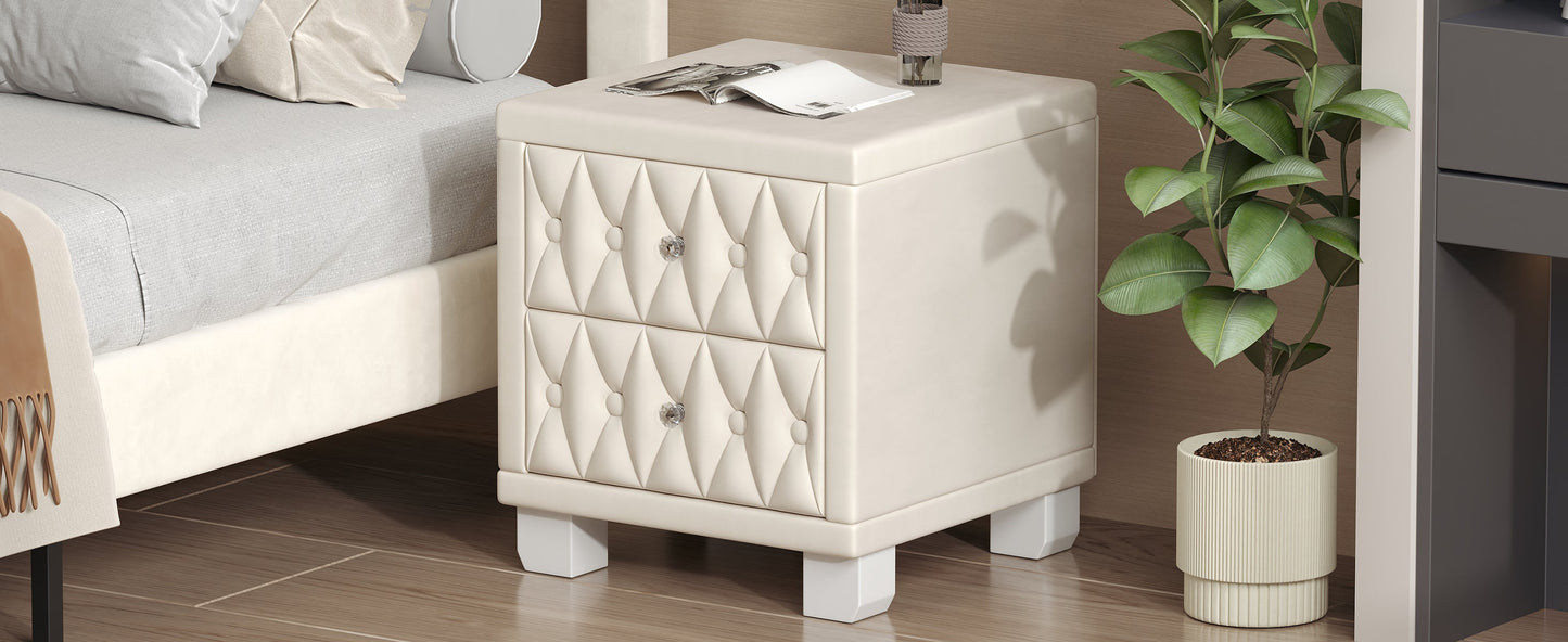 Velvet Nightstand with 2 Drawers, Crystal Handle, Button-Tufted, Beige