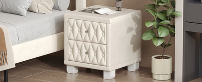 Velvet Nightstand with 2 Drawers, Crystal Handle, Button-Tufted, Beige