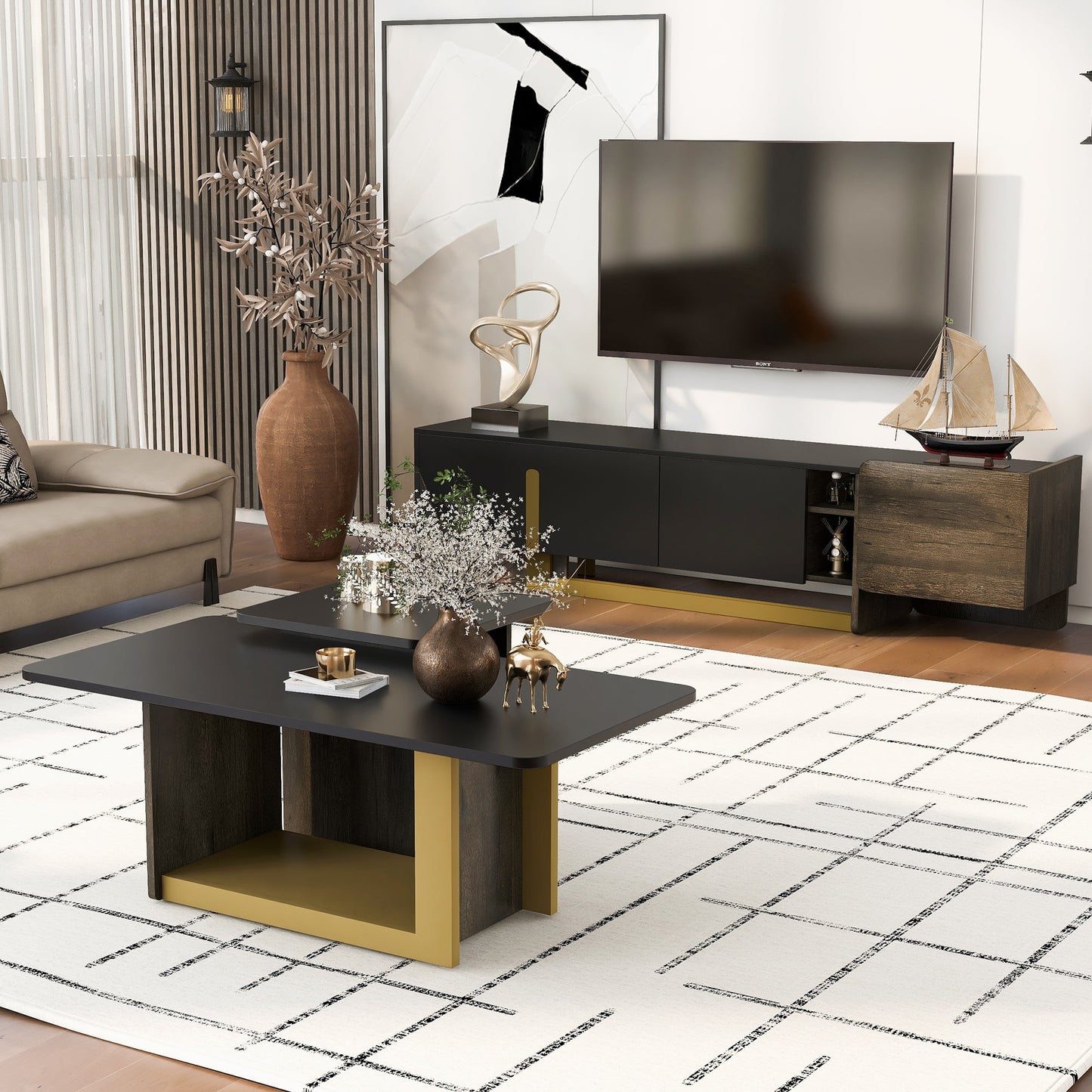 TV Stand and Coffee Table Set 2-Piece White Gold MDF Metal Legs Fits Large TV
