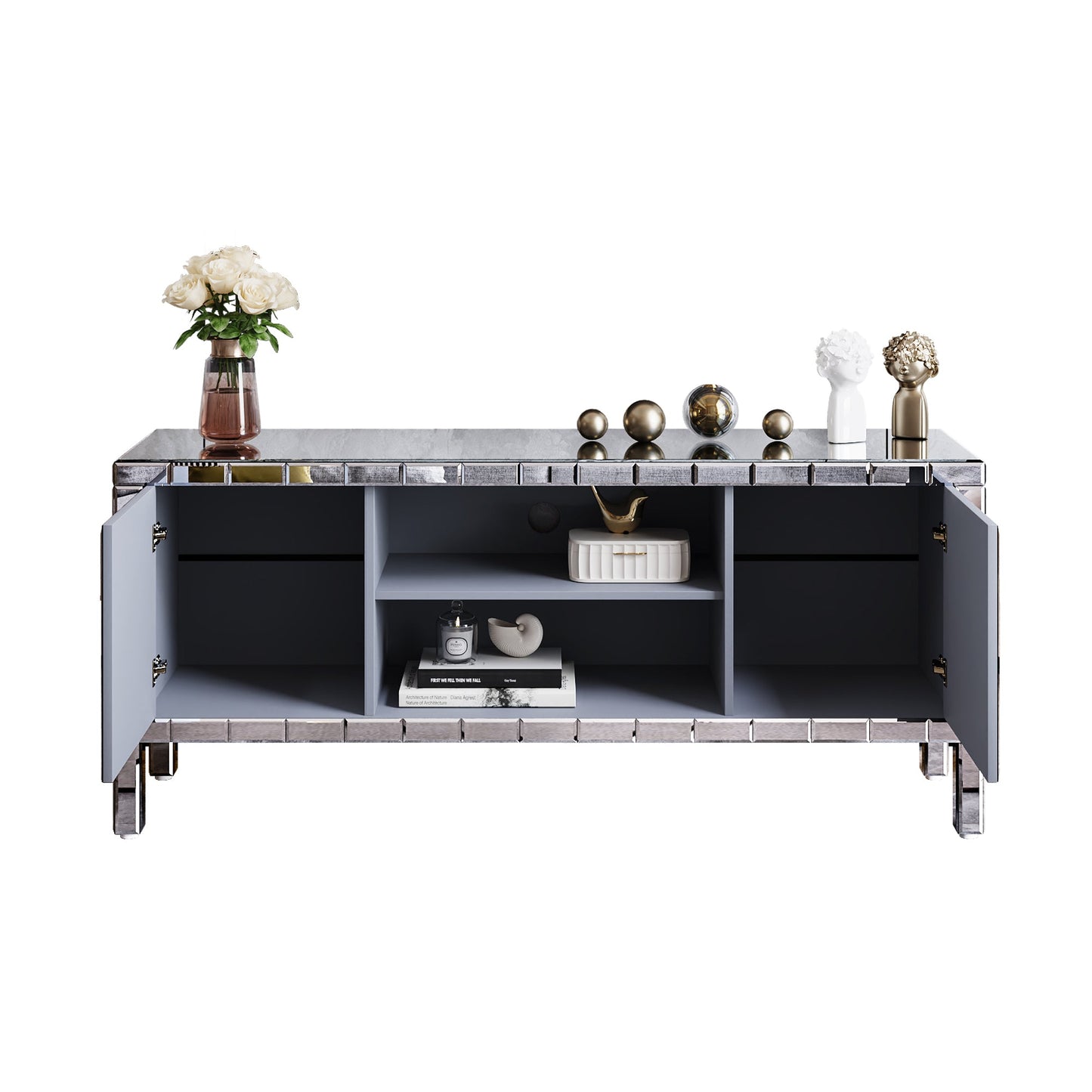 TV Stand Mirrored Crushed Diamond Glass Silver 59 In Fits 65 In TV