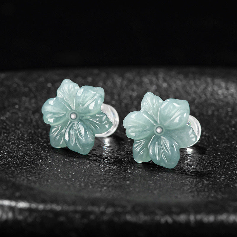 New Elegant Natural Jadeite Blue Water Orchid Earrings