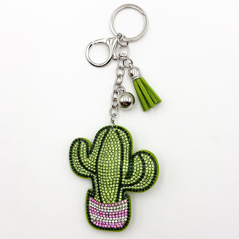 Diamond-Encrusted Cactus Keychain With Tassel Metal Pendant
