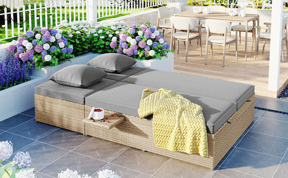 Outdoor Double Sunbed, Wicker Rattan Patio Reclining Chairs with Adjustable
