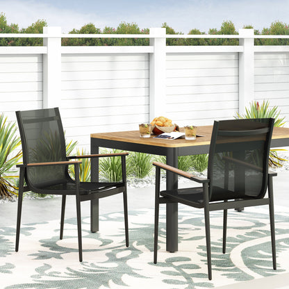 Dining Chair Outdoor Aluminum Mesh Black Natural Faux Wood Accent 22x25x36 In