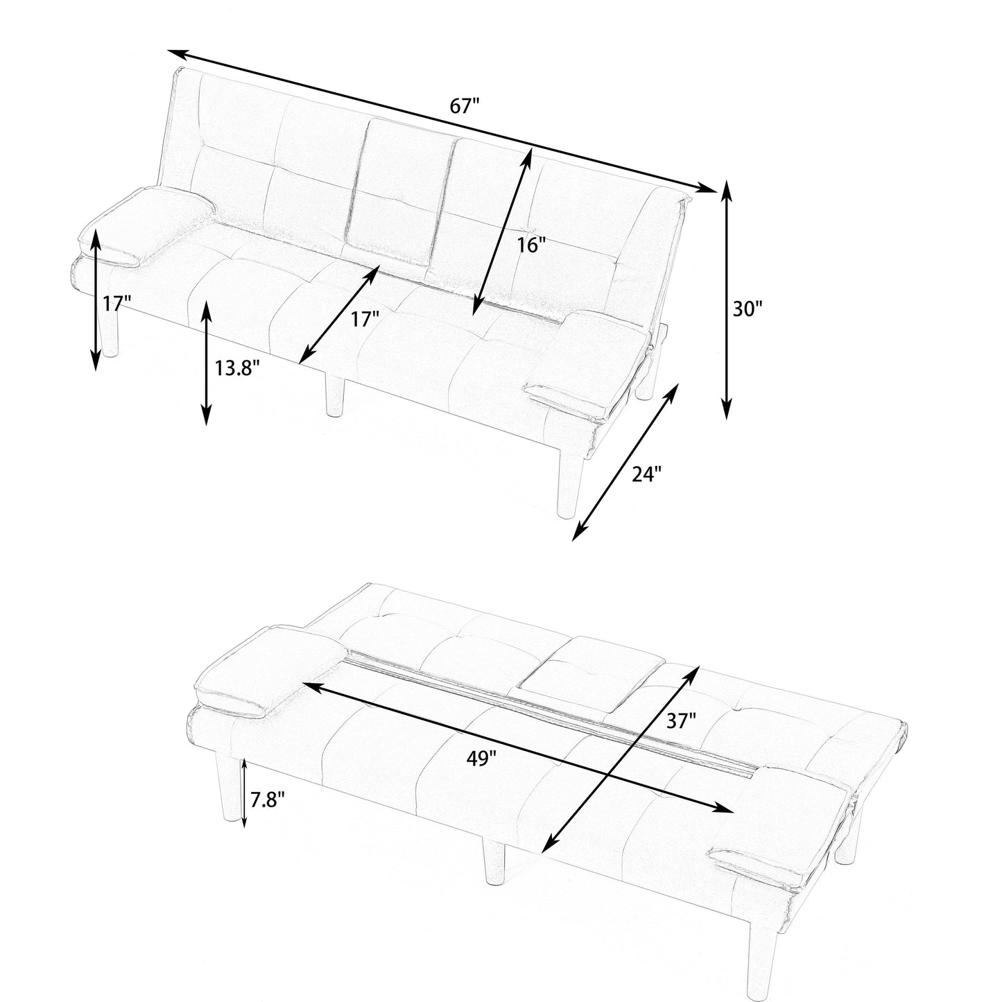 67-inch Black PVC Multi-Functional Sofa Bed with Foldable Design and Cup Holder