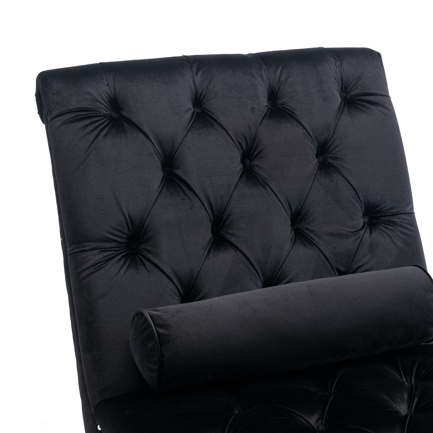 Velvet Chaise Lounge, Button-Tufted with Pillow, Black, 63.38x28.94x34.05 in