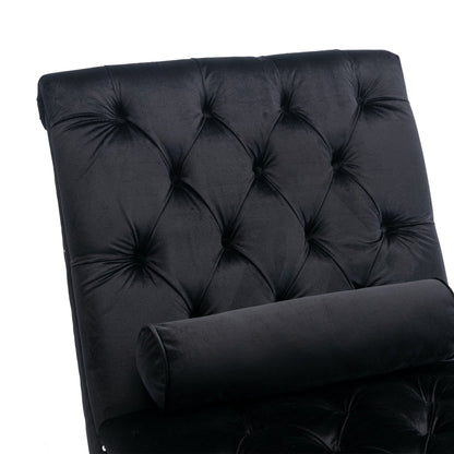 Velvet Chaise Lounge, Button-Tufted with Pillow, Black, 63.38x28.94x34.05 in