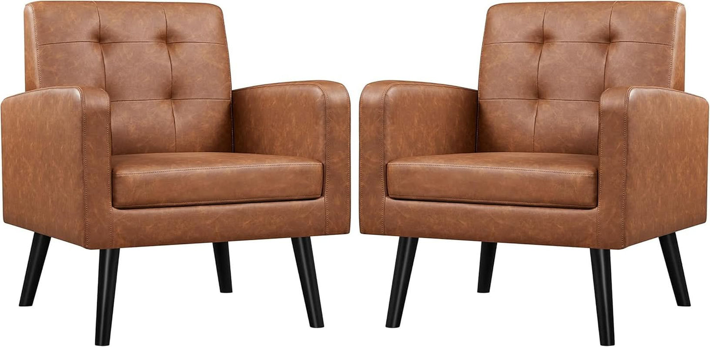 Brown PU Leather Midcentury Upholstered Ergonomic Armchair