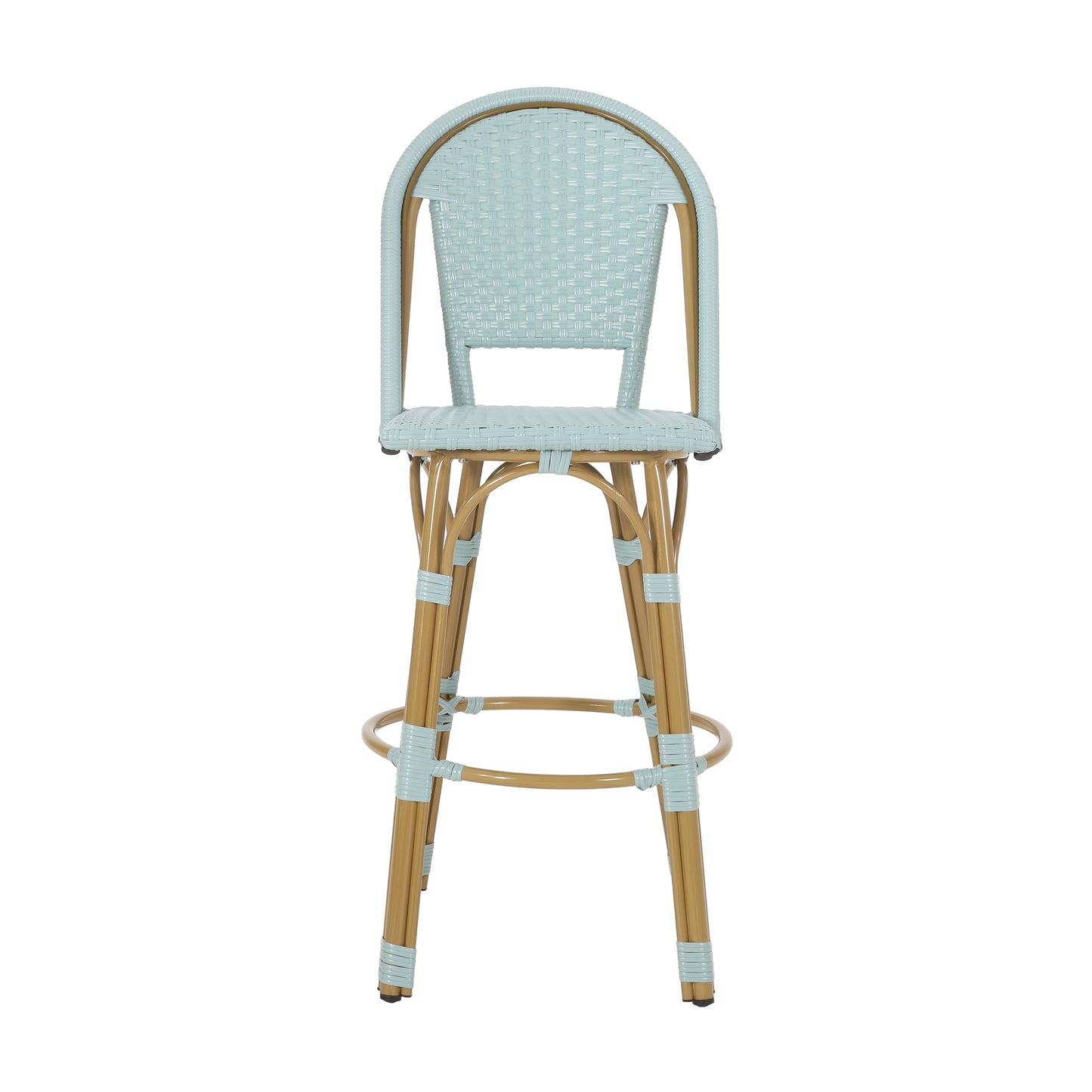 29.5 Inch Outdoor PE Rattan Aluminum French Barstools, Set of 2, Light Teal