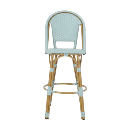 29.5 Inch Outdoor PE Rattan Aluminum French Barstools, Set of 2, Light Teal