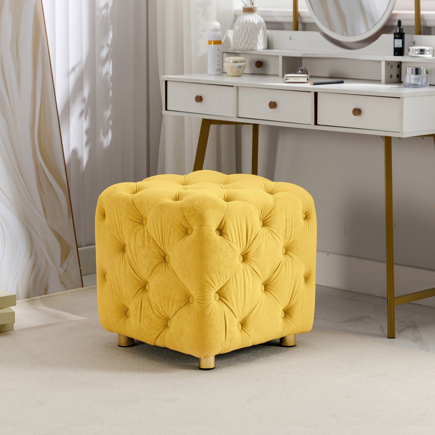 Yellow Modern Velvet Upholstered Ottoman Small Cube 18.11x18.11x18.9