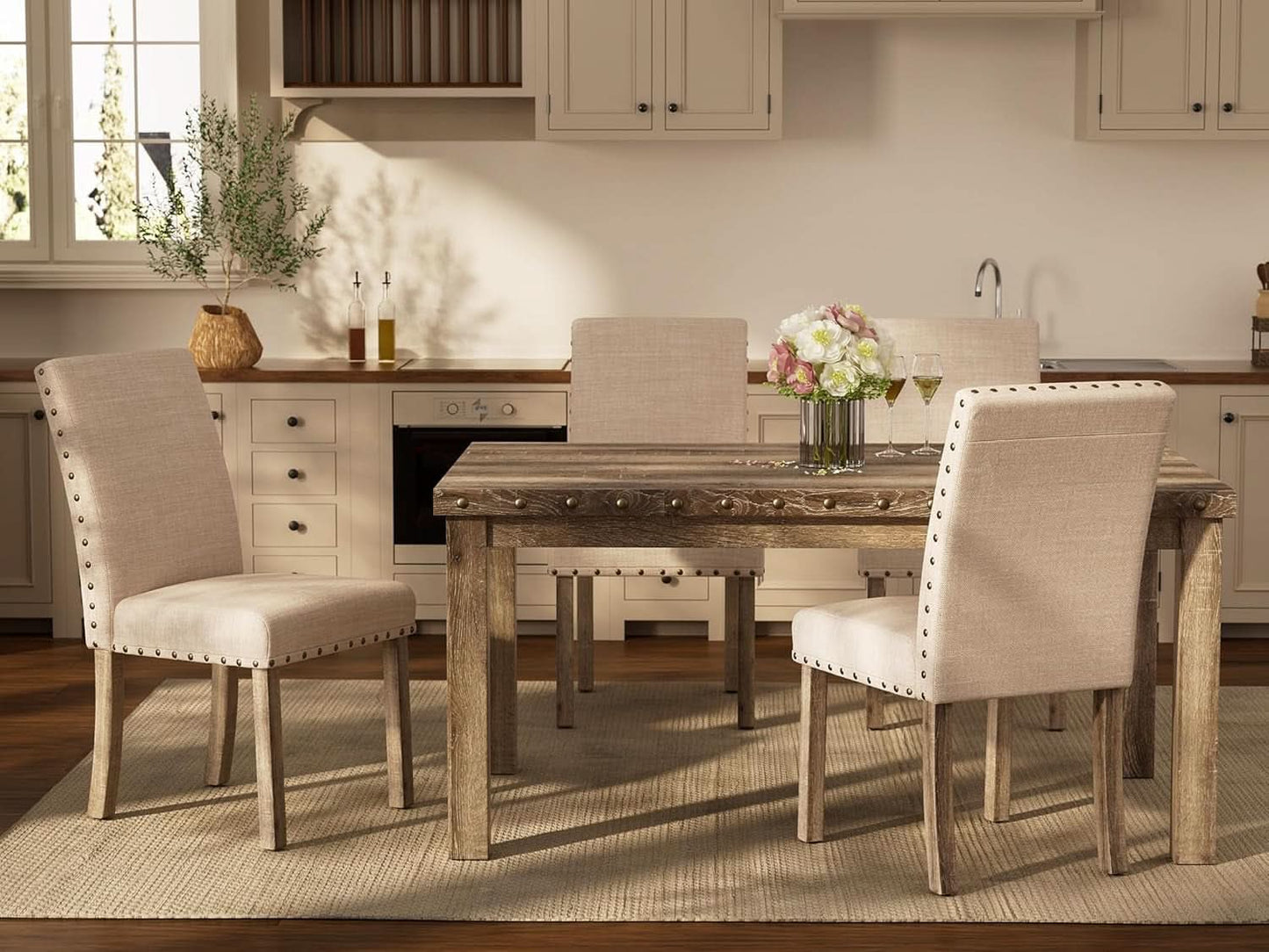 Rustic Dining Table Set Six NailheadAccents Chairs