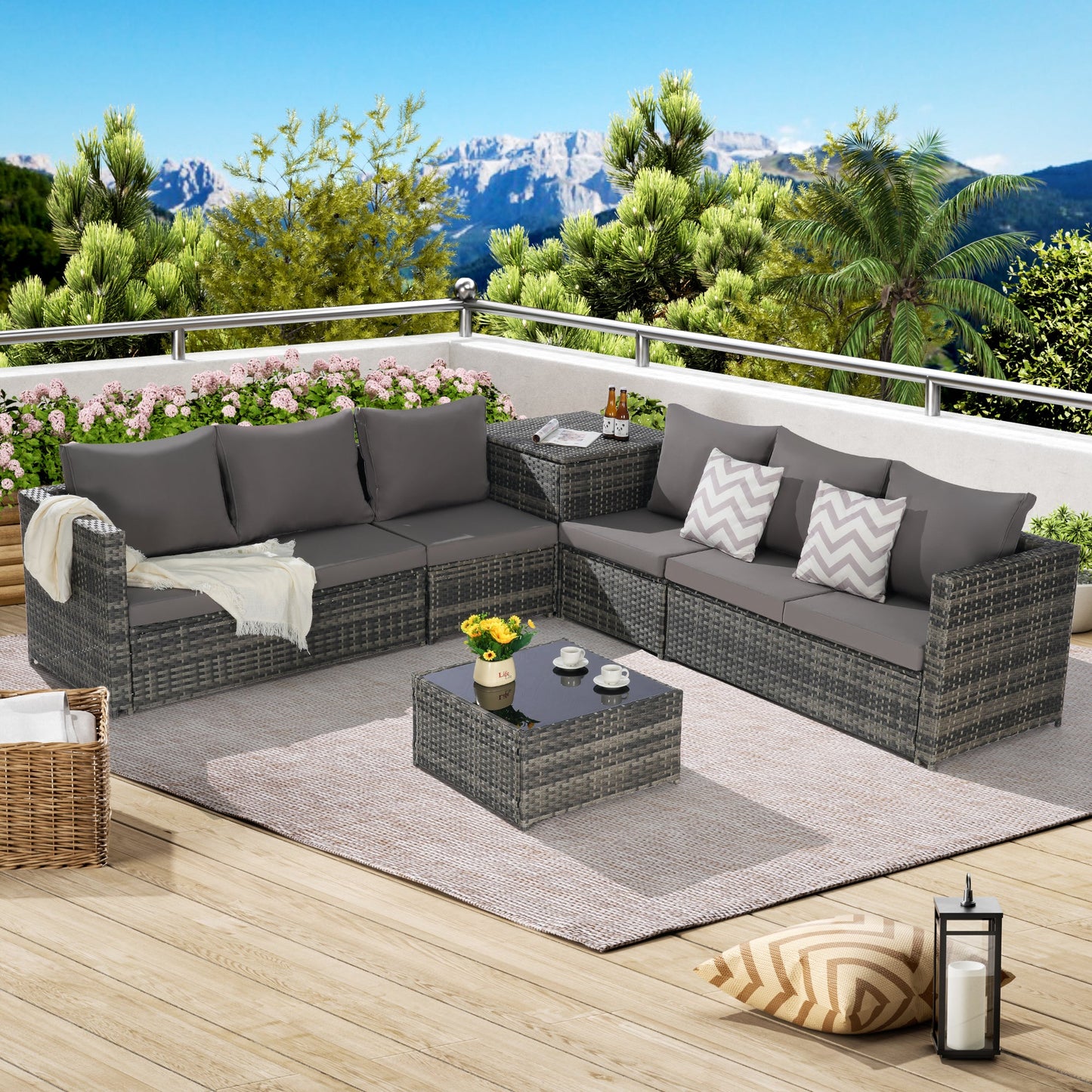 Outdoor Sectional Set PE Rattan Steel Dark Gray L-Shape 6 Piece Seats 8