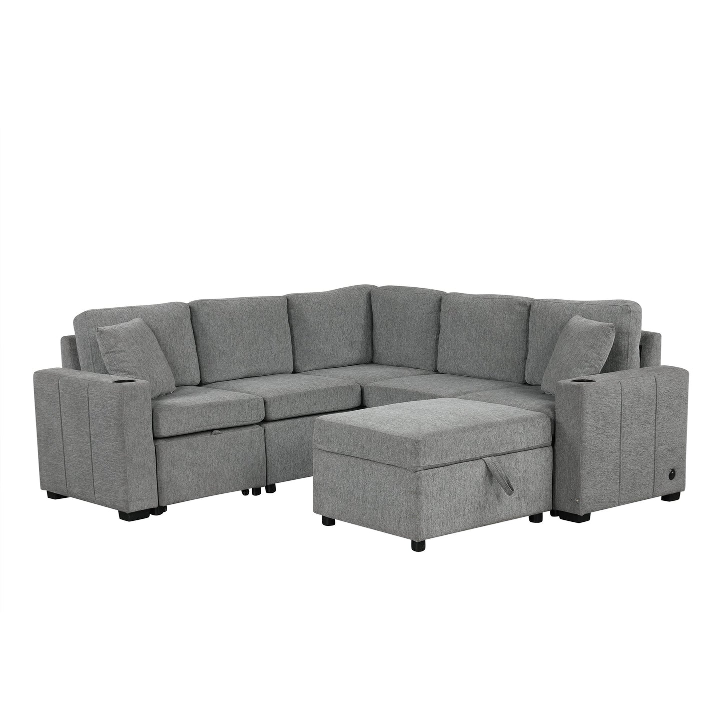 84" Sectional Sofa Convertible Pull-Out USB Gray