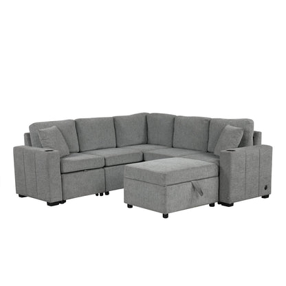 84" Sectional Sofa Convertible Pull-Out USB Gray
