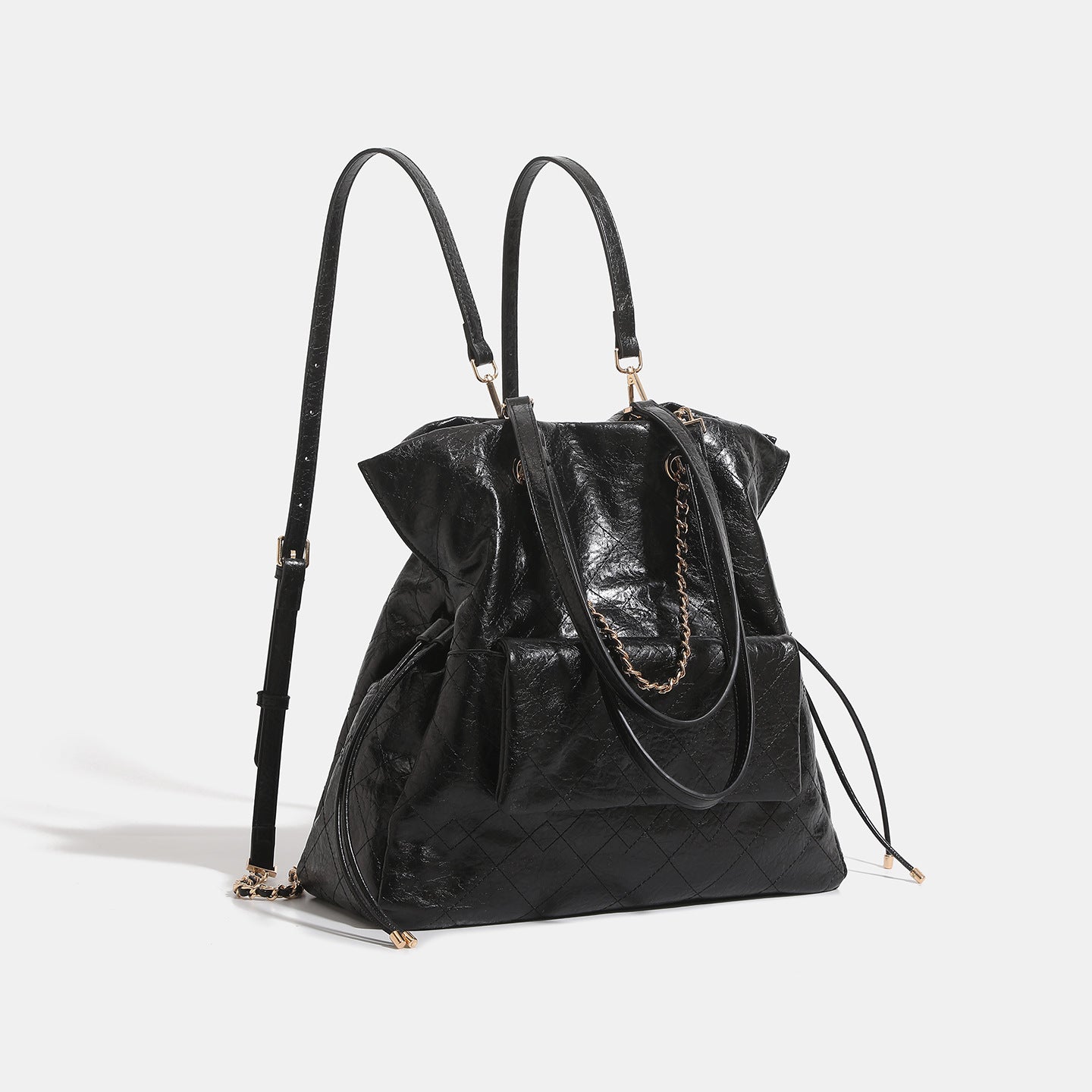 Preppy-style Oil-waxed Leather Quilted Chain Backpack For Women