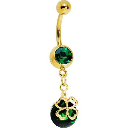 Gold Plated Emerald Green Gem Four Leaf Clover Belly Ring
