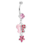 Pink Gem Paved Butterfly with Floral Dangle Belly Ring