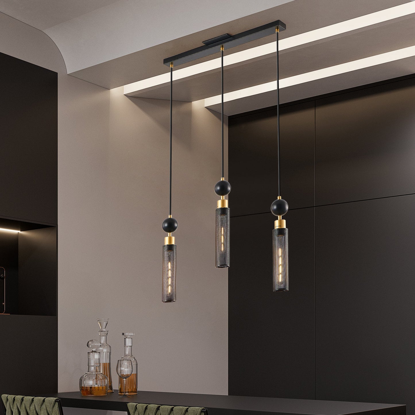 Chandelier 3-Light Black Gold Pendant Cylindrical Mesh Shades 25 In