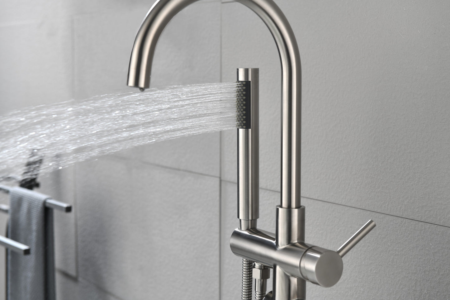 Floor Mounted Tub Faucet High Flow Freestanding Tub Filler with Handheld Shower Swivel