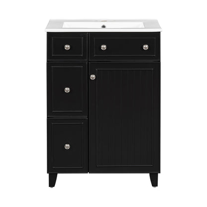 Transitional Bathroom Vanity Cabinet with Ceramic Sink, 24-Inch, Black, Solid...