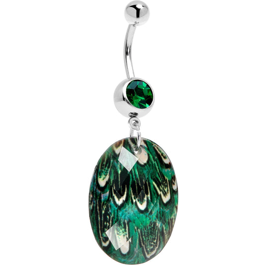 Green Gem Paradise Feather Oval Dangle Belly Ring