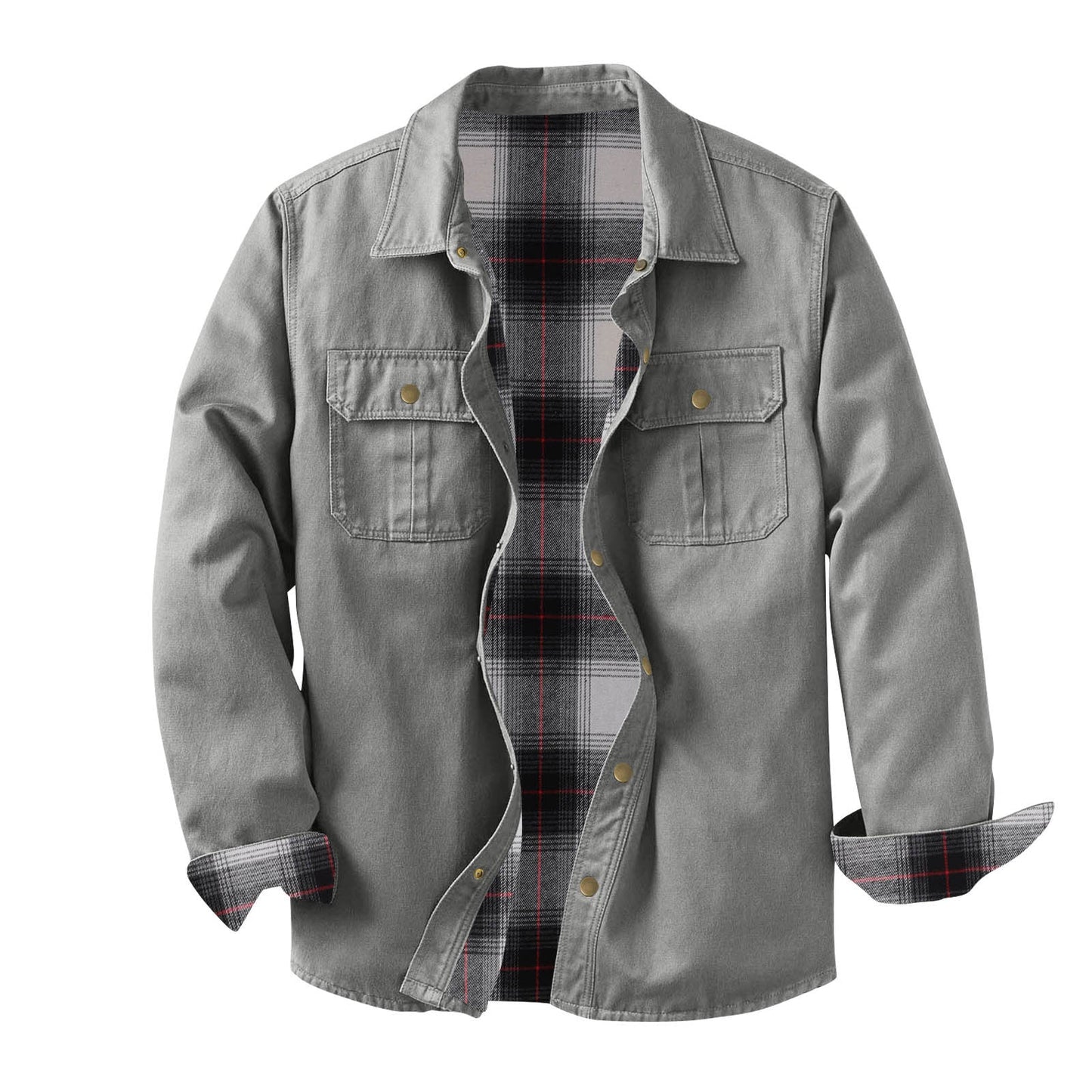 Washed Canvas Work Jacket With A Plaid Lining, Durable And Warm