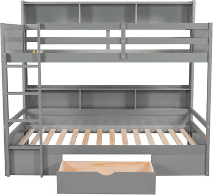 Twin Over Twin Bunk Bed Gray Storage Drawer And Shelves