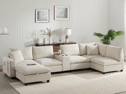 Sectional Sofa U-Shape Corduroy Beige 6 Seat Storage Ottoman USB 140 In